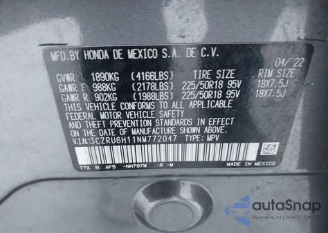 2022 Honda Hr-V Awd Sport z USA, uszkodzony, nr VIN 3CZRU6H11NM772047